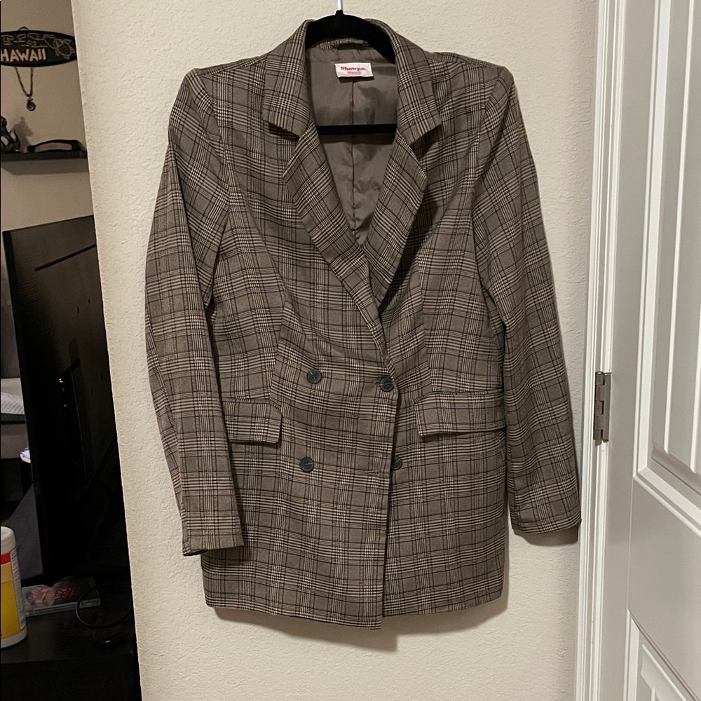 Showpo. Brown Plaid Shoulder Pad Blazer